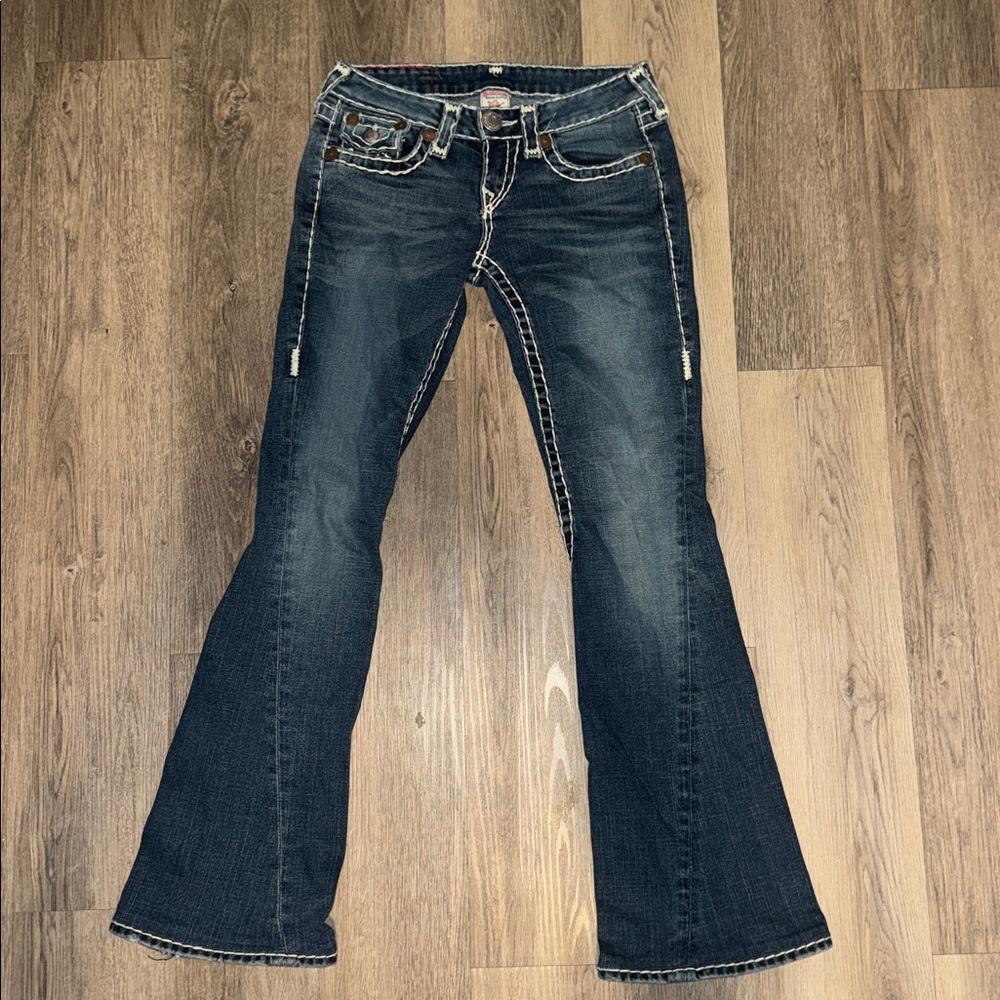 Y2K True Religion Big T Flare Bootcut Jeans | Thick Contrast Stitching